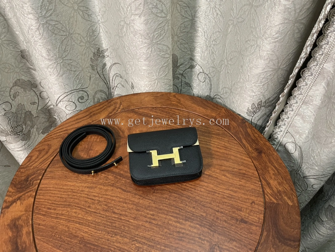 Handmade Hermes Constance Slim Wallet Belt Bag In Epsom Calfskin Black