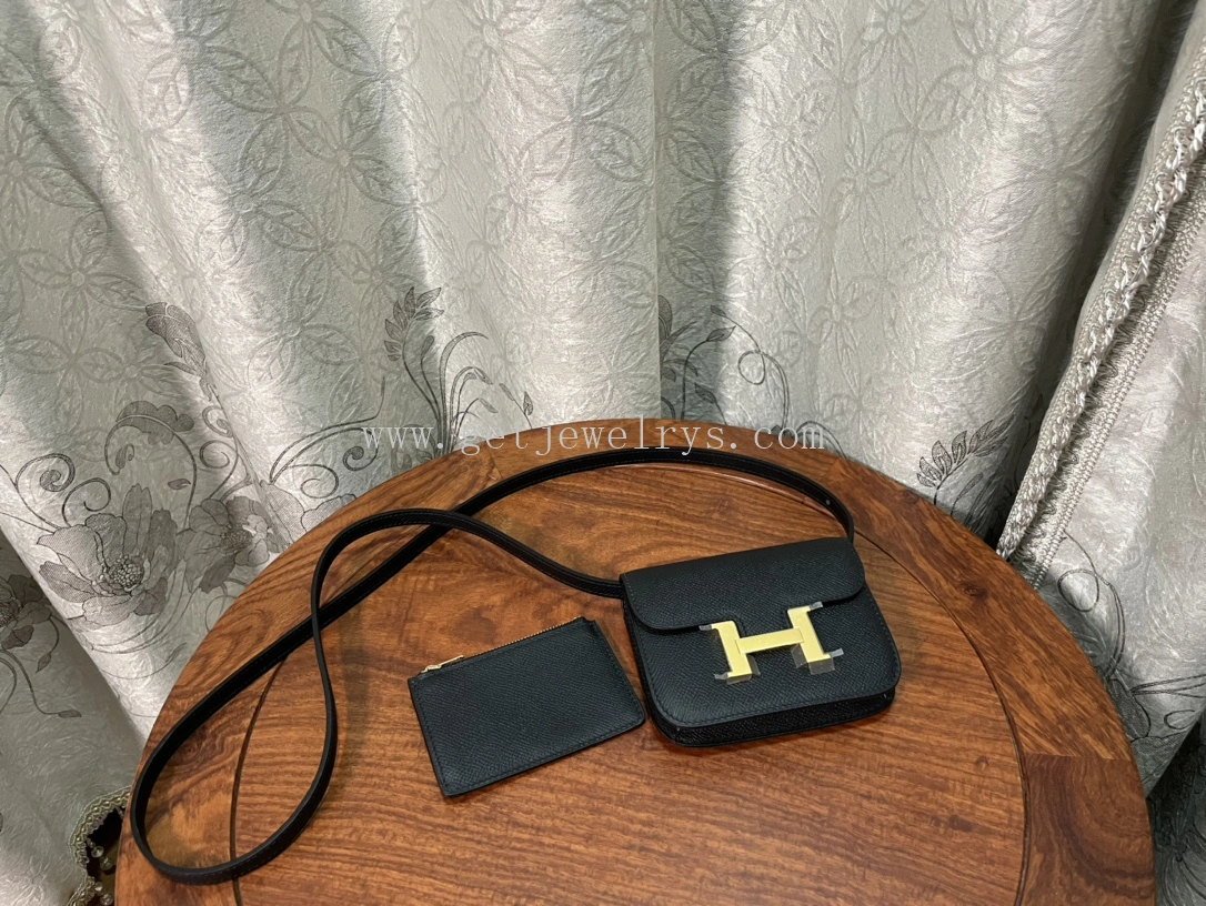 Handmade Hermes Constance Slim Wallet Belt Bag In Epsom Calfskin Black