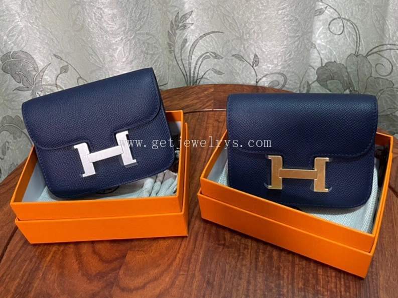 Handmade Hermes Constance Slim Wallet Belt Bag In Epsom Calfskin Blue