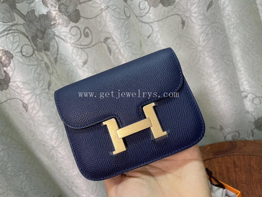 Handmade Hermes Constance Slim Wallet Belt Bag In Epsom Calfskin Blue