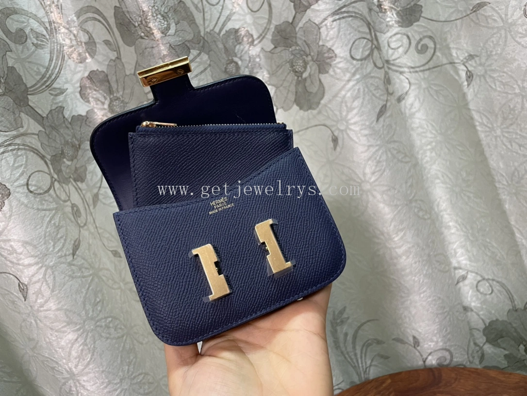 Handmade Hermes Constance Slim Wallet Belt Bag In Epsom Calfskin Blue
