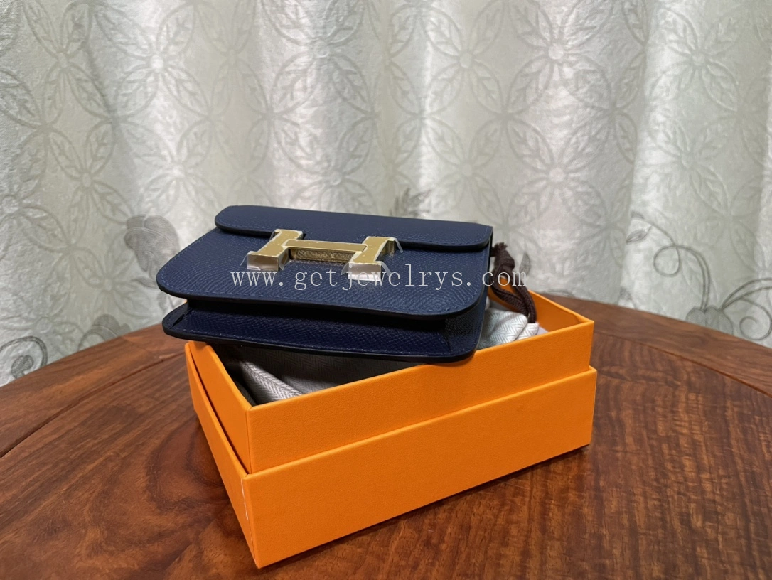 Handmade Hermes Constance Slim Wallet Belt Bag In Epsom Calfskin Blue