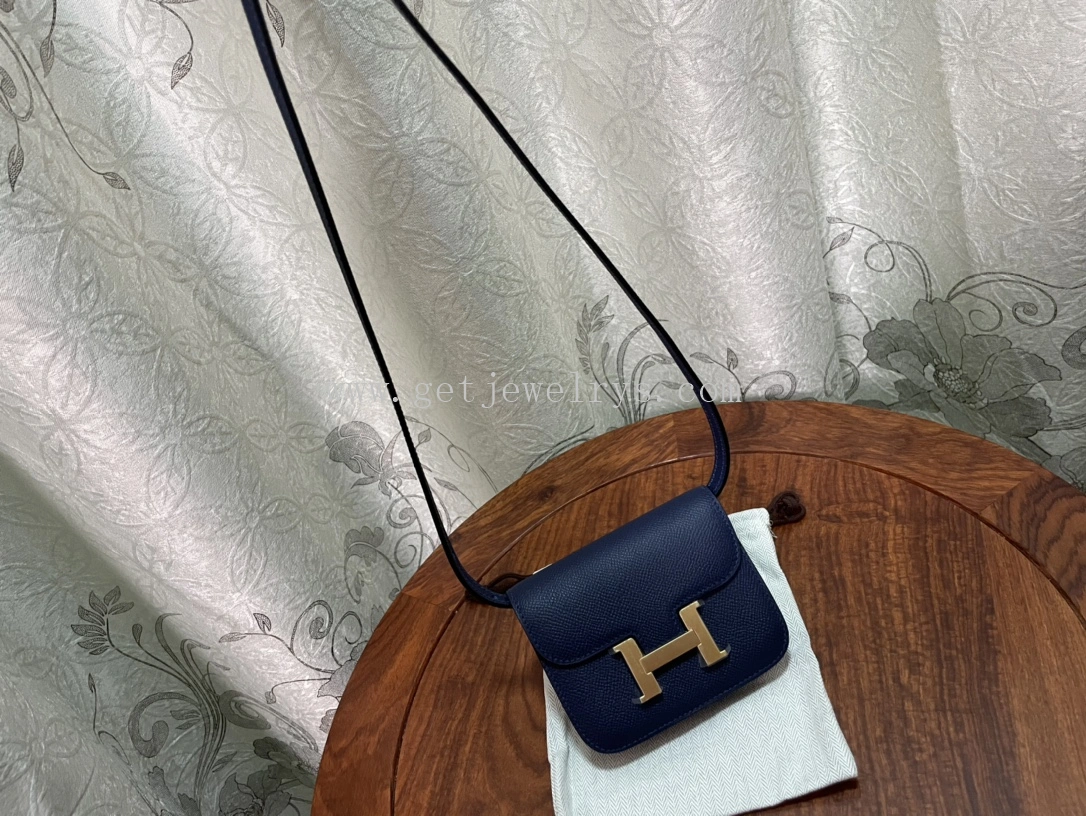 Handmade Hermes Constance Slim Wallet Belt Bag In Epsom Calfskin Blue