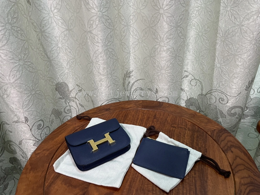 Handmade Hermes Constance Slim Wallet Belt Bag In Epsom Calfskin Blue