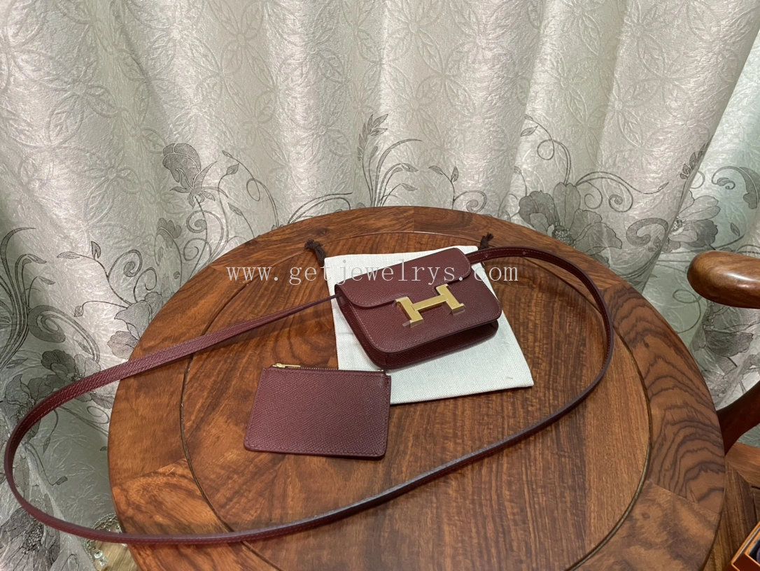 Handmade Hermes Constance Slim Wallet Belt Bag In Epsom Calfskin Dark Red