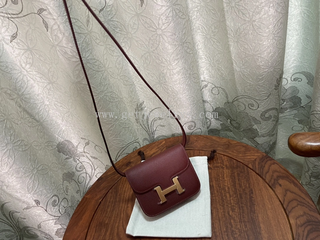 Handmade Hermes Constance Slim Wallet Belt Bag In Epsom Calfskin Dark Red