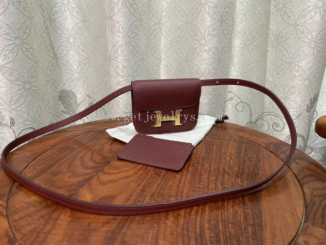 Handmade Hermes Constance Slim Wallet Belt Bag In Epsom Calfskin Dark Red