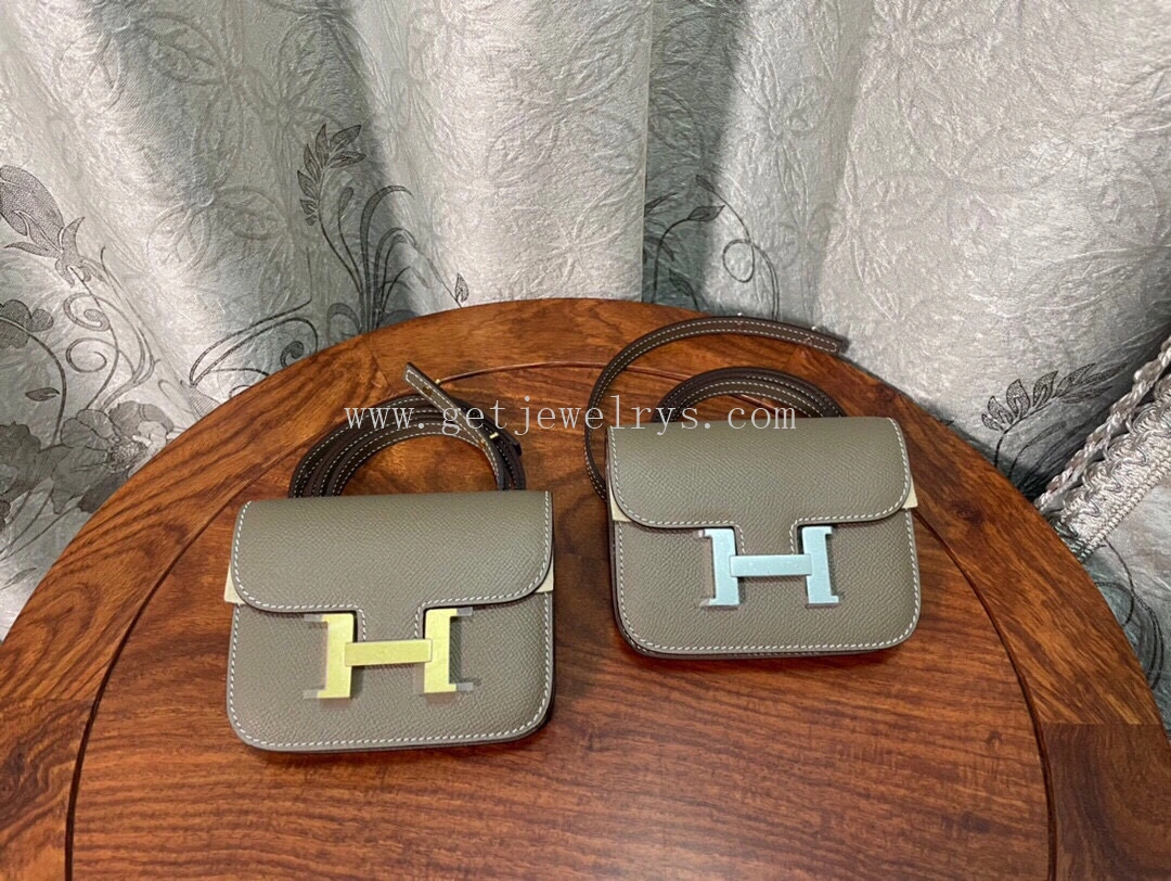 Handmade Hermes Constance Slim Wallet Belt Bag In Epsom Calfskin Grey-1
