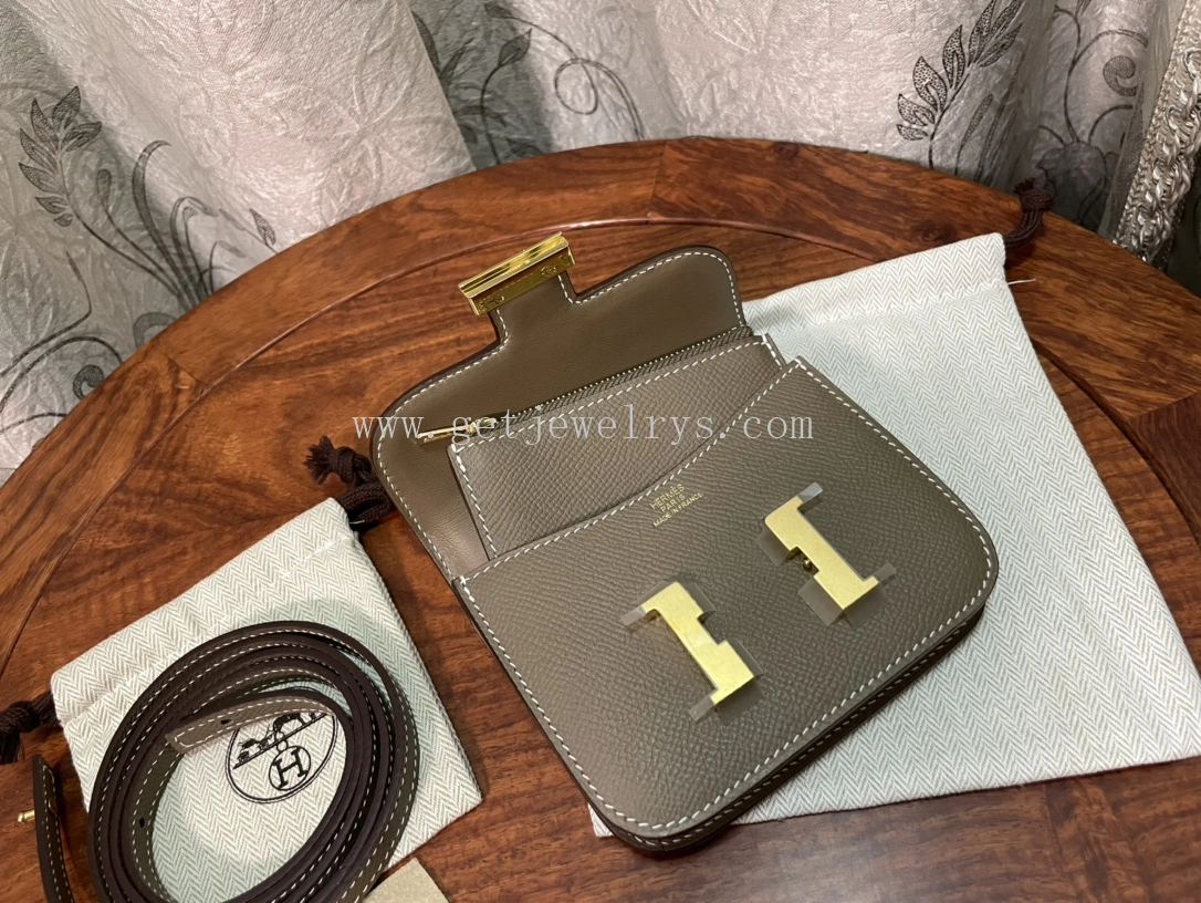 Handmade Hermes Constance Slim Wallet Belt Bag In Epsom Calfskin Grey-1
