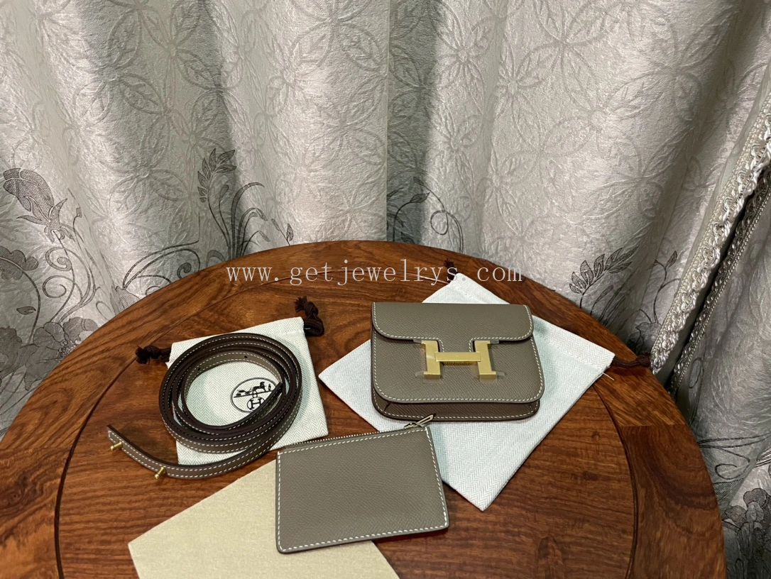 Handmade Hermes Constance Slim Wallet Belt Bag In Epsom Calfskin Grey-1