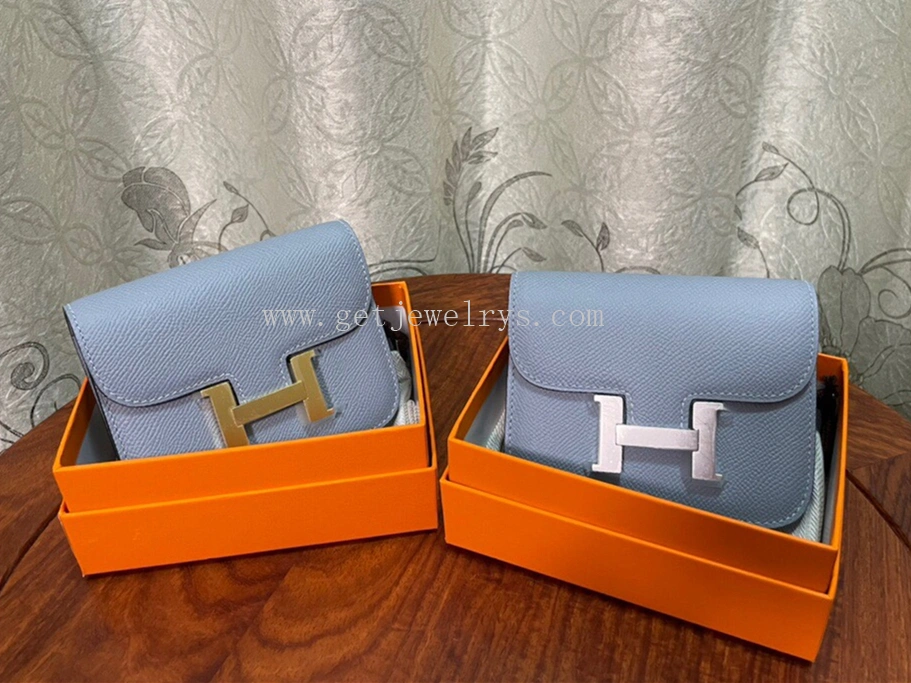 Handmade Hermes Constance Slim Wallet Belt Bag In Epsom Calfskin Light Blue