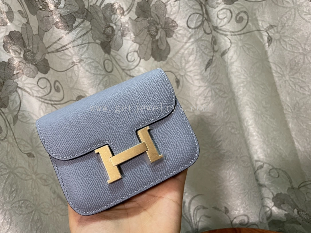 Handmade Hermes Constance Slim Wallet Belt Bag In Epsom Calfskin Light Blue