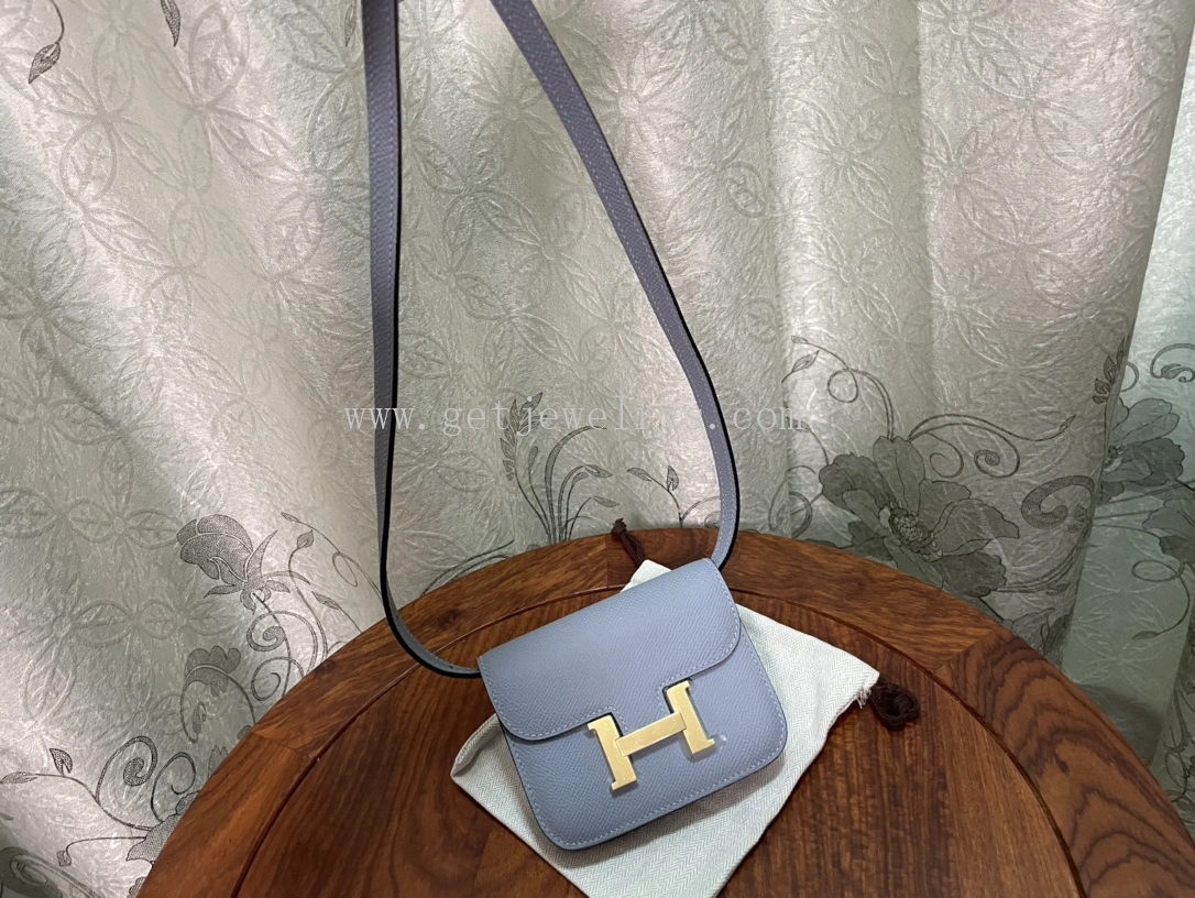 Handmade Hermes Constance Slim Wallet Belt Bag In Epsom Calfskin Light Blue