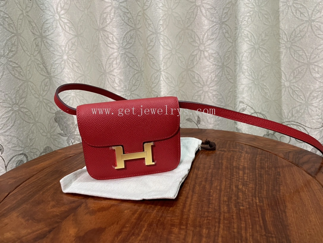 Handmade Hermes Constance Slim Wallet Belt Bag In Epsom Calfskin Red