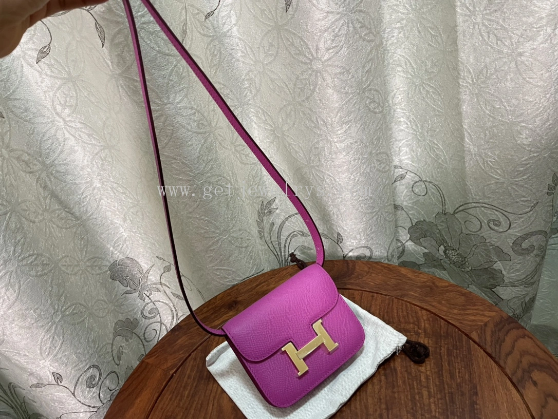 Handmade Hermes Constance Slim Wallet Belt Bag In Epsom Calfskin Rose