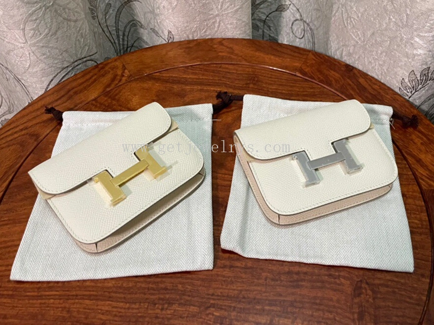 Handmade Hermes Constance Slim Wallet Belt Bag In Epsom Calfskin White