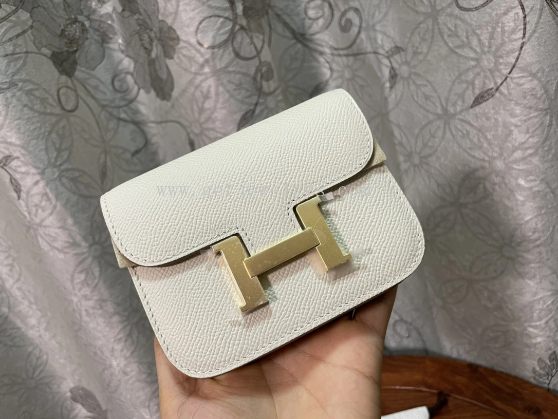 Handmade Hermes Constance Slim Wallet Belt Bag In Epsom Calfskin White