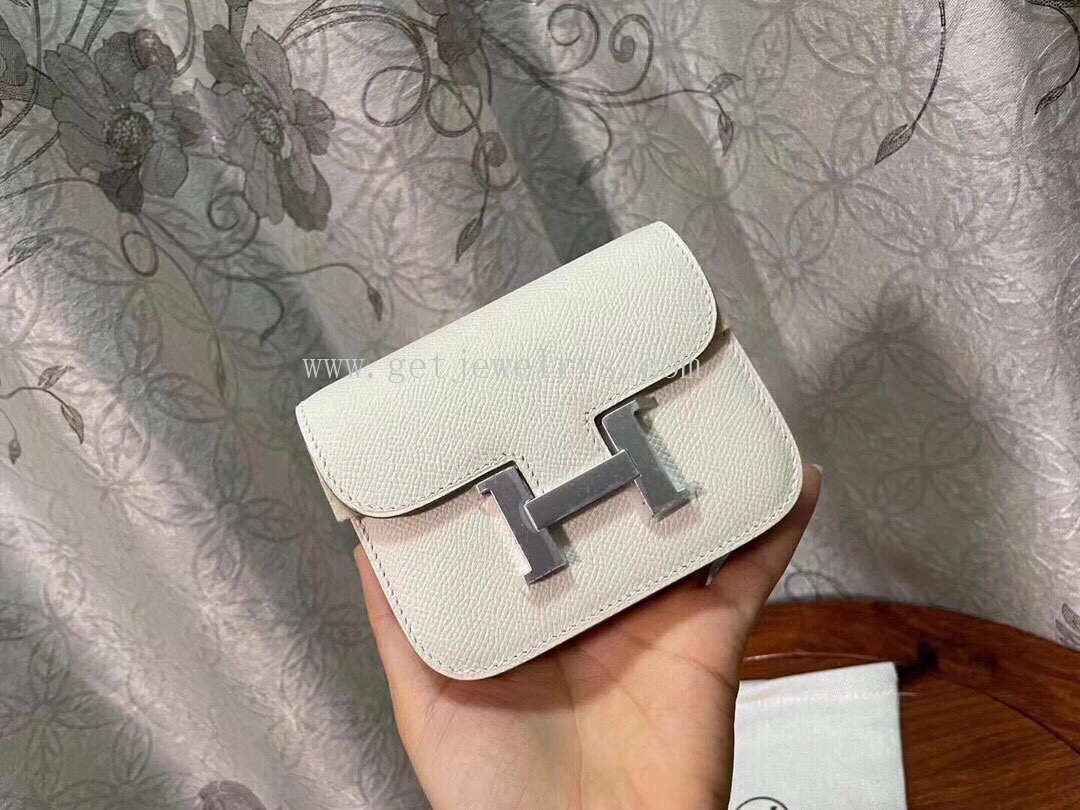 Handmade Hermes Constance Slim Wallet Belt Bag In Epsom Calfskin White