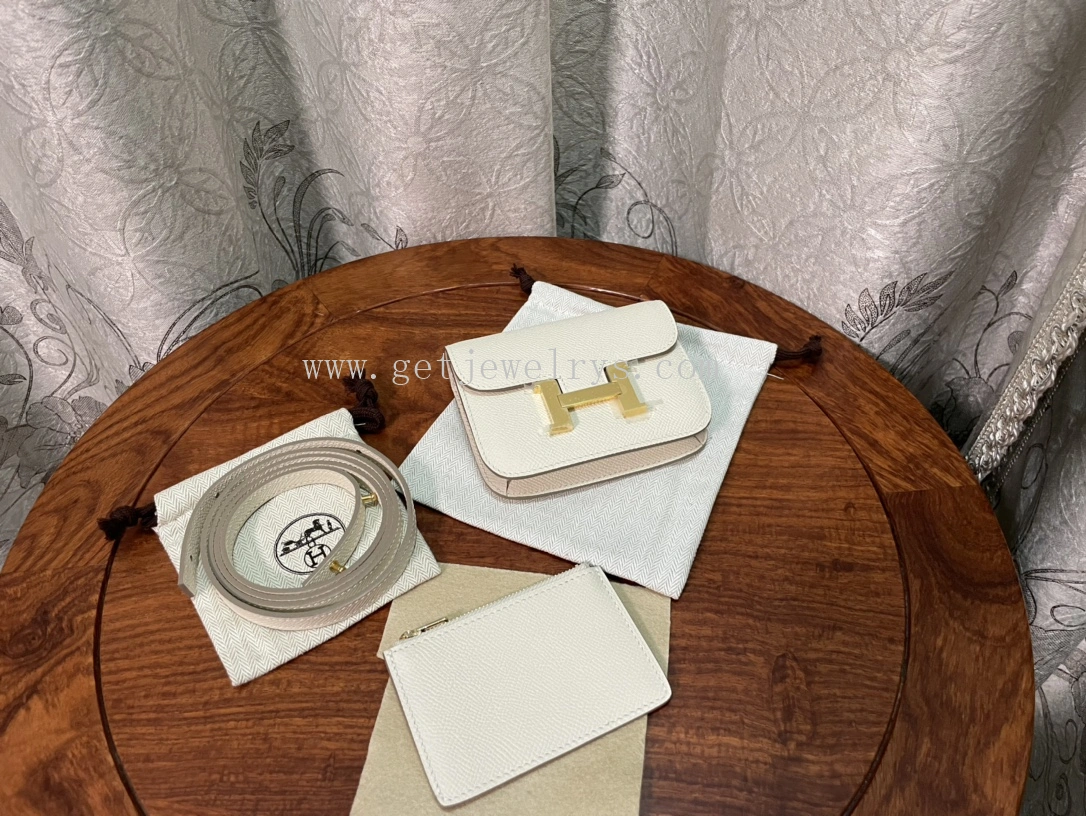 Handmade Hermes Constance Slim Wallet Belt Bag In Epsom Calfskin White