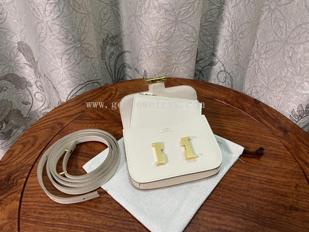 Handmade Hermes Constance Slim Wallet Belt Bag In Epsom Calfskin White