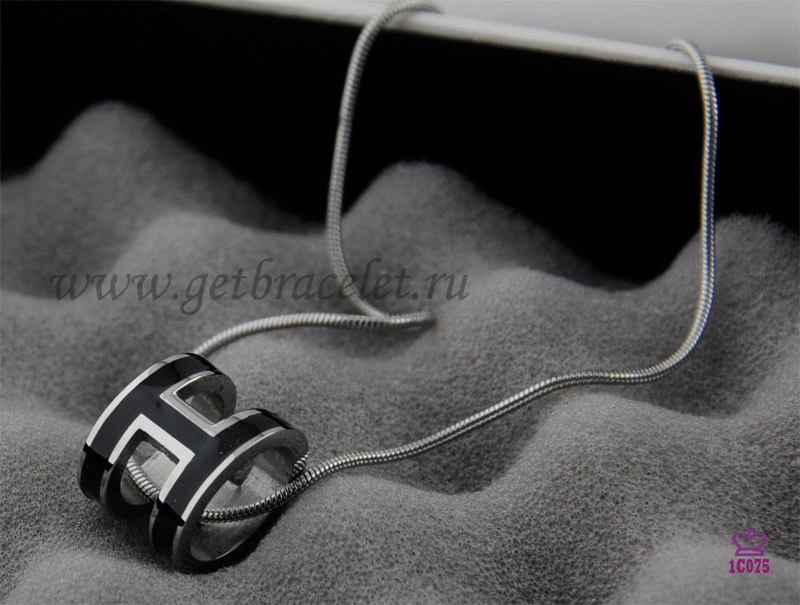 Hermes 3D Pop “H” logo Snake Bone Black Necklace in White Gold