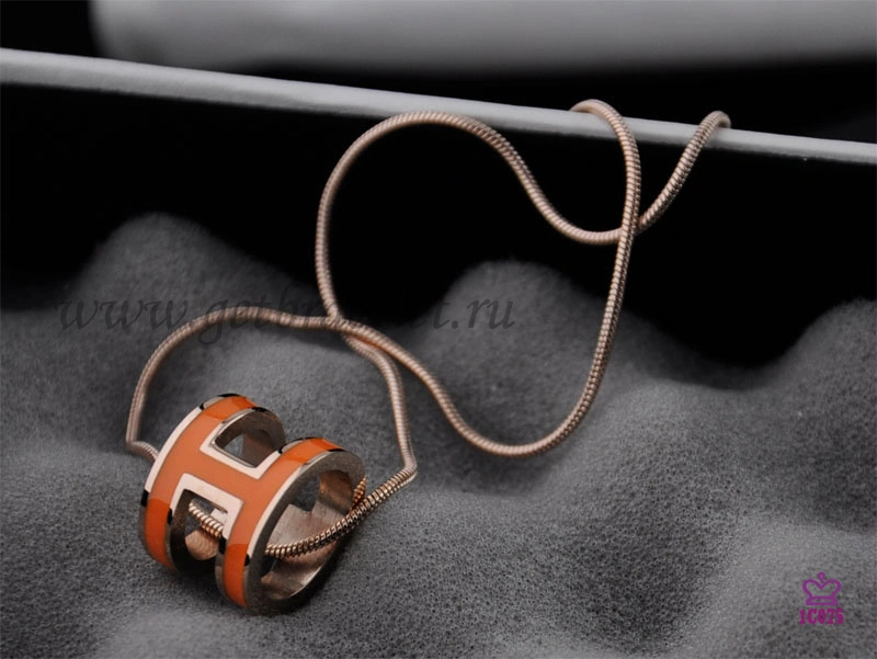 Hermes 3D Pop “H” logo Snake Bone Orange Necklace in Pink Gold