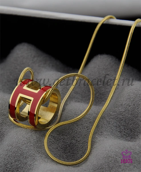 Hermes 3D Pop “H” logo Snake Bone Red Necklace in Yellow Gold