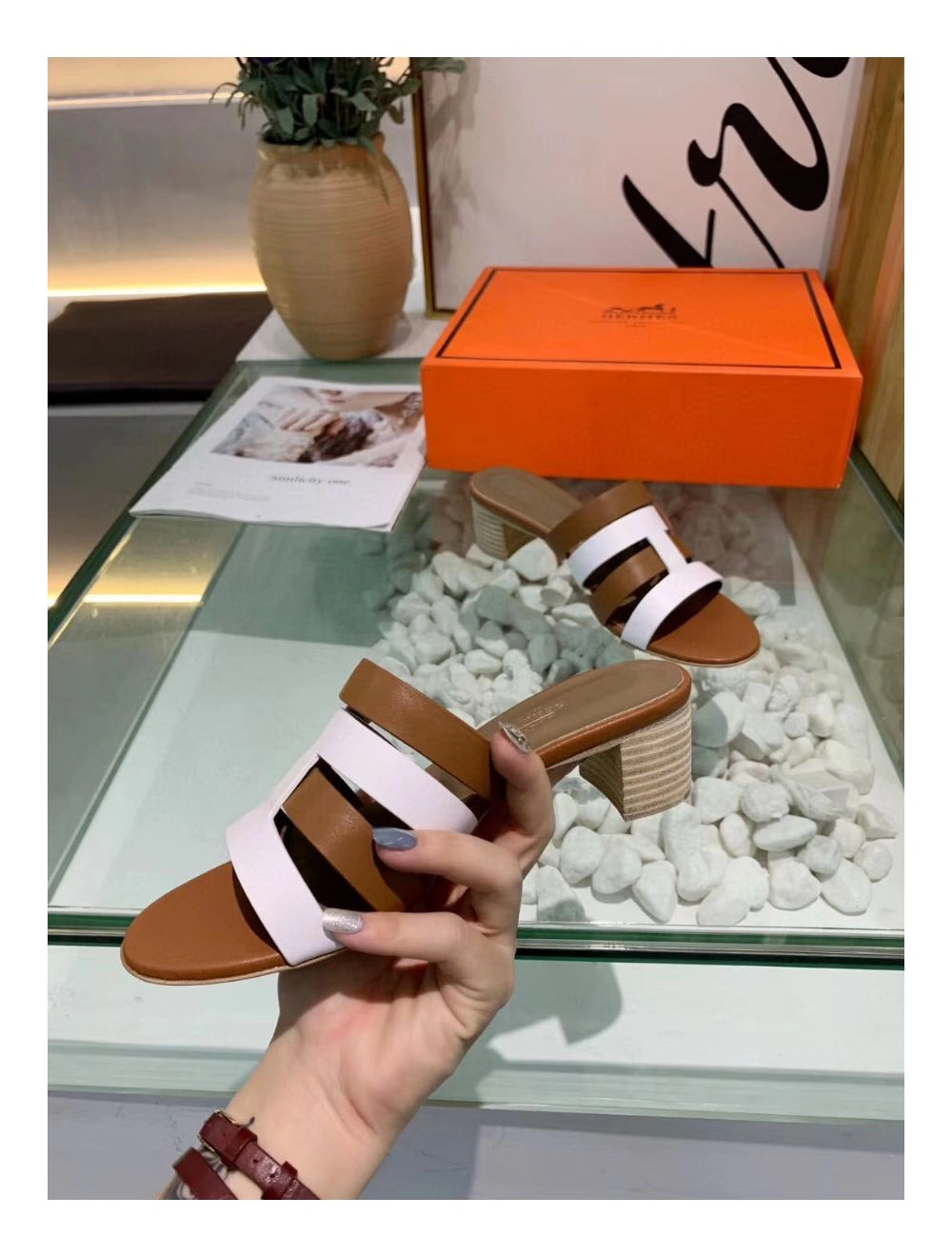 Hermes Amica 5mm Sandals In Brown White Calfskin