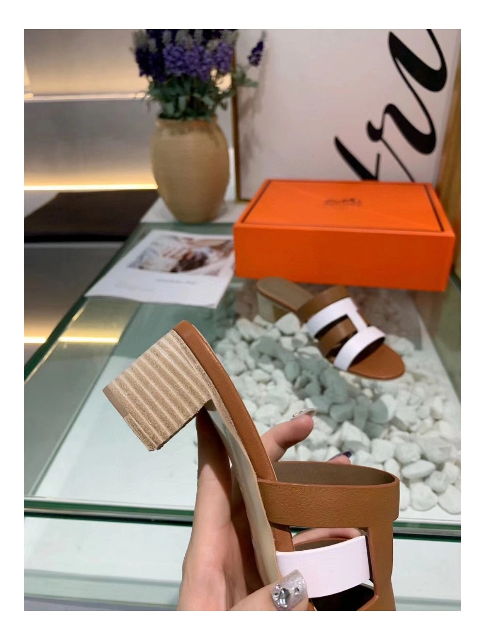 Hermes Amica 5mm Sandals In Brown White Calfskin