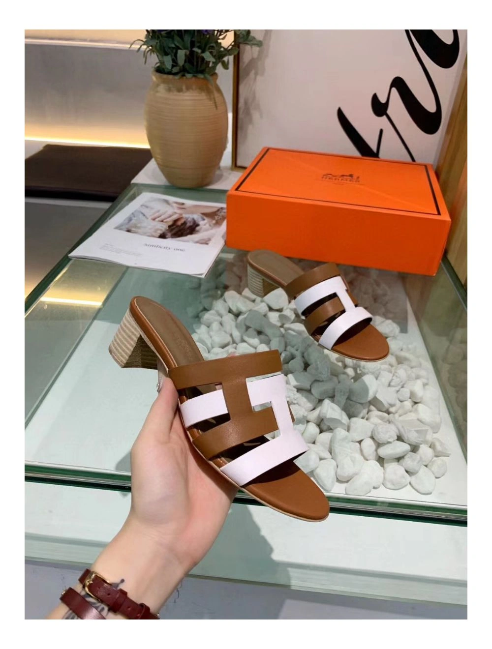 Hermes Amica 5mm Sandals In Brown White Calfskin