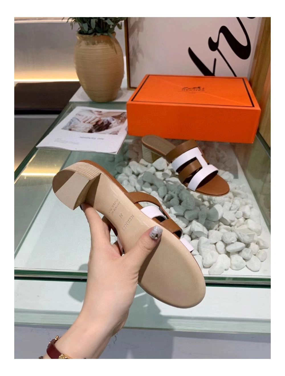 Hermes Amica 5mm Sandals In Brown White Calfskin