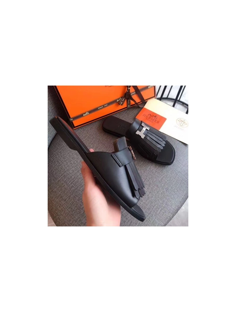 Hermes Auteuil Sandals In Black Calfskin