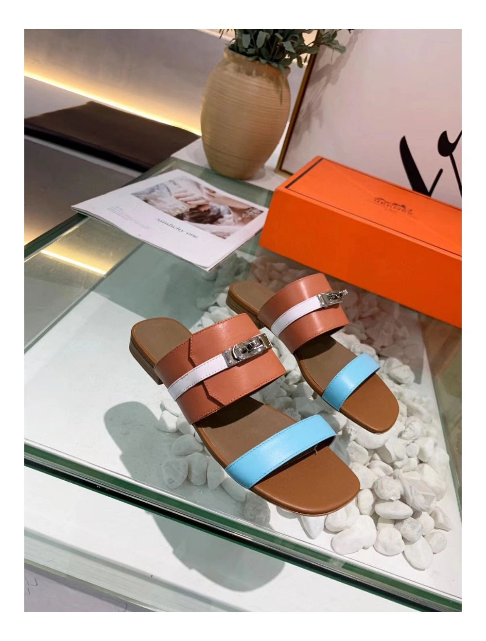 Hermes Avenue Sandals In Multicolour Calfskin