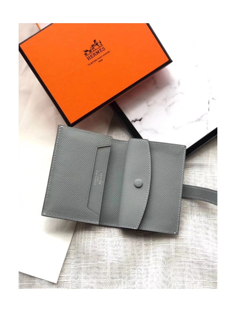 Hermes Bearn Mini Wallet In Blue Lin Epsom Leather