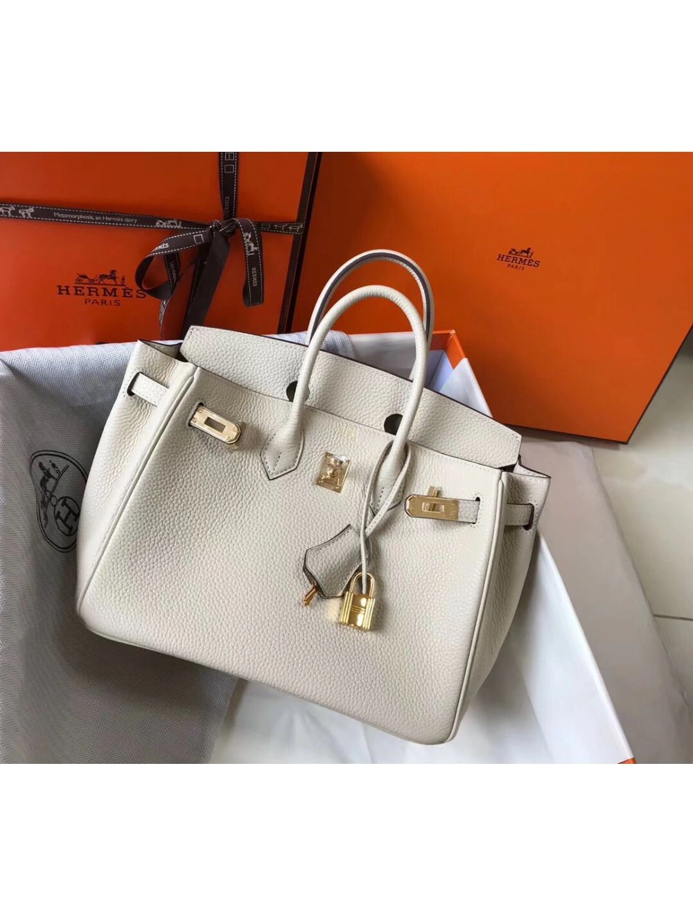 Hermes Birkin 25cm Bag In Beton Clemence Leather GHW