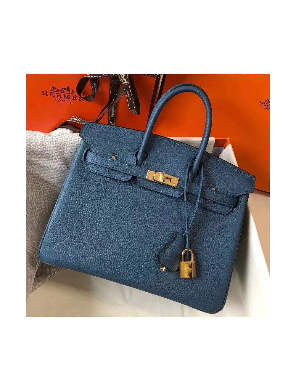 Hermes Birkin 25cm Bag In Blue Agate Clemence Leather GHW
