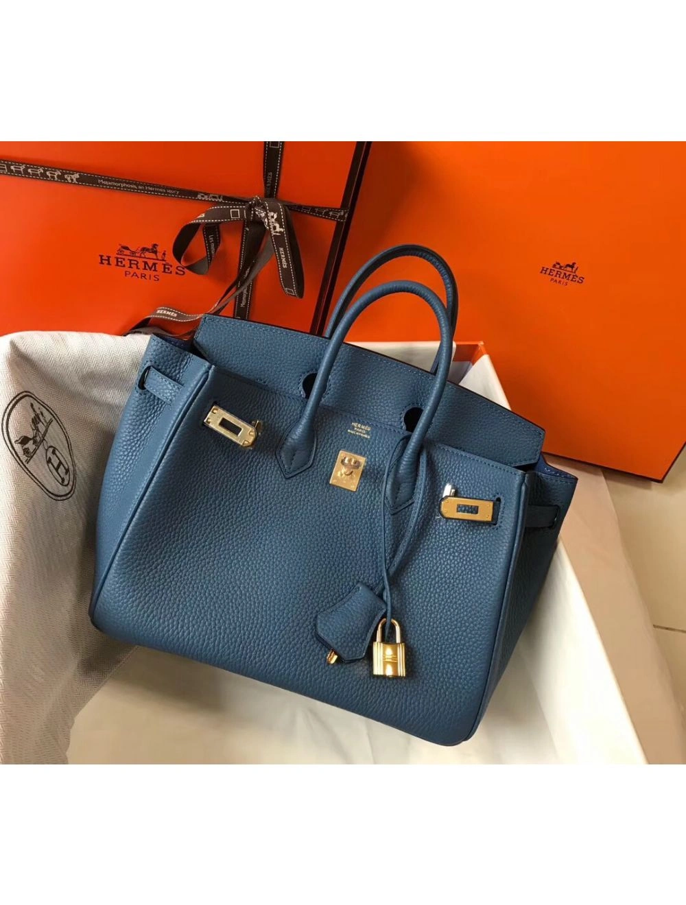 Hermes Birkin 25cm Bag In Blue Agate Clemence Leather GHW