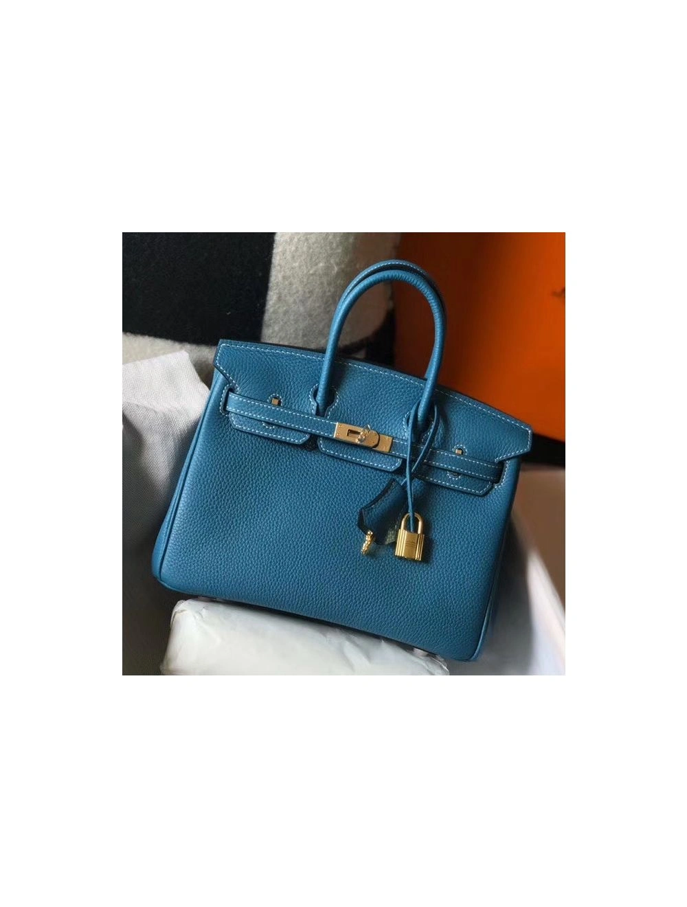 Hermes Birkin 25cm Bag In Blue Jean Clemence Leather GHW