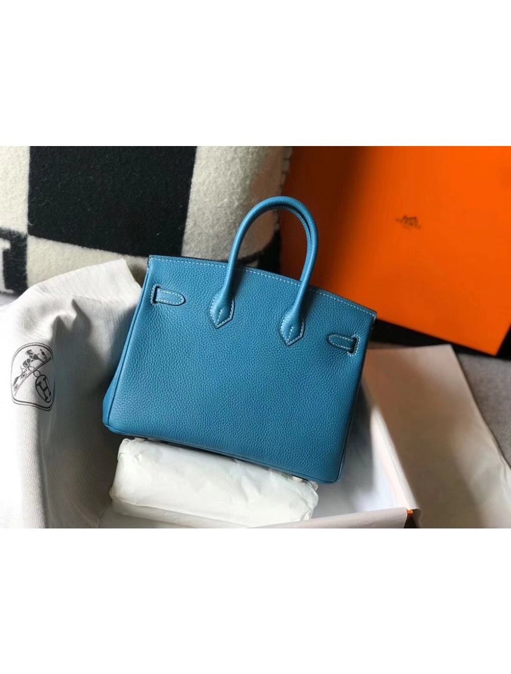 Hermes Birkin 25cm Bag In Blue Jean Clemence Leather GHW