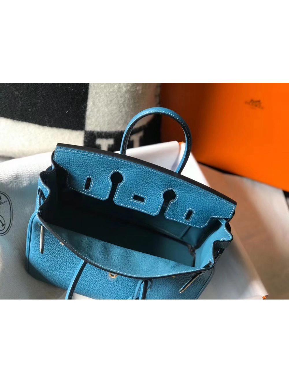 Hermes Birkin 25cm Bag In Blue Jean Clemence Leather GHW