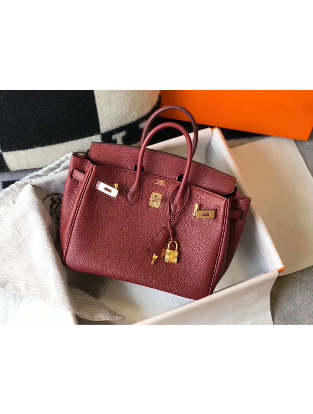 Hermes Birkin 25cm Bag In Bordeaux Clemence Leather GHW