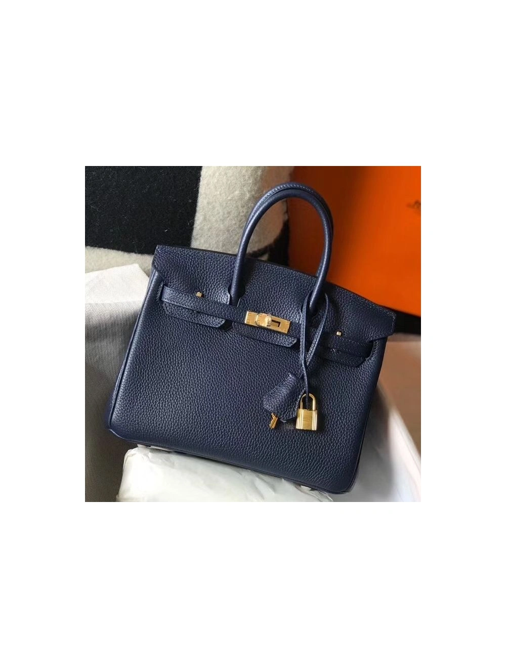 Hermes Birkin 25cm Bag In Navy Blue Clemence Leather GHW