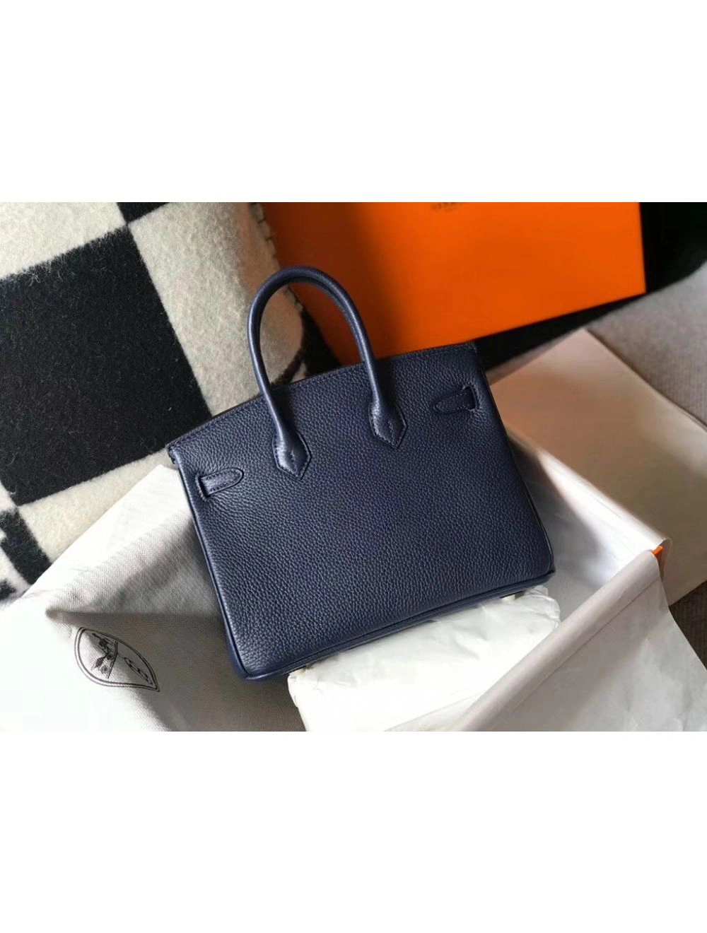 Hermes Birkin 25cm Bag In Navy Blue Clemence Leather GHW