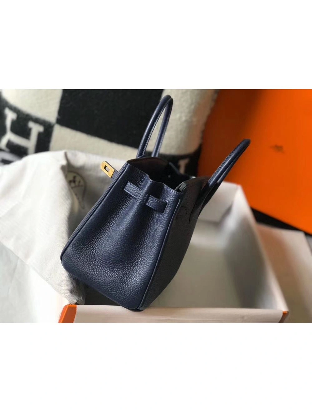 Hermes Birkin 25cm Bag In Navy Blue Clemence Leather GHW