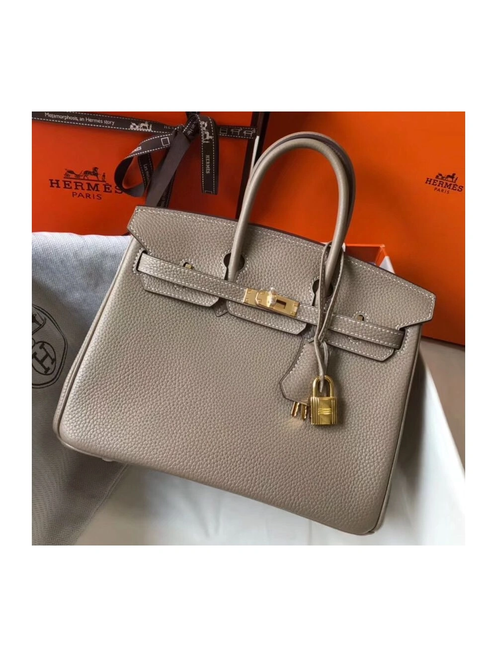 Hermes Birkin 25cm Bag In Tourterelle Clemence Leather GHW