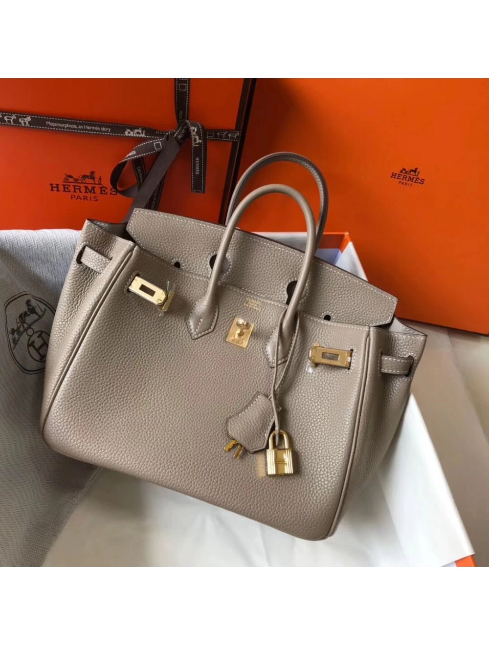 Hermes Birkin 25cm Bag In Tourterelle Clemence Leather GHW