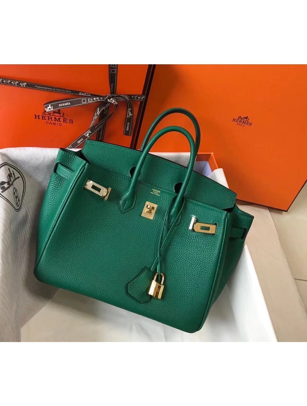 Hermes Birkin 25cm Bag In Vert Vertigo Clemence Leather GHW