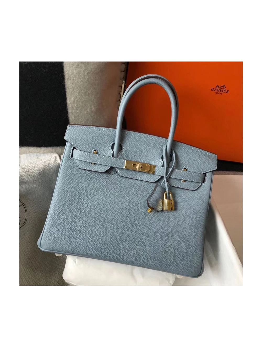Hermes Birkin 30cm Bag In Blue Lin Clemence Leather GHW