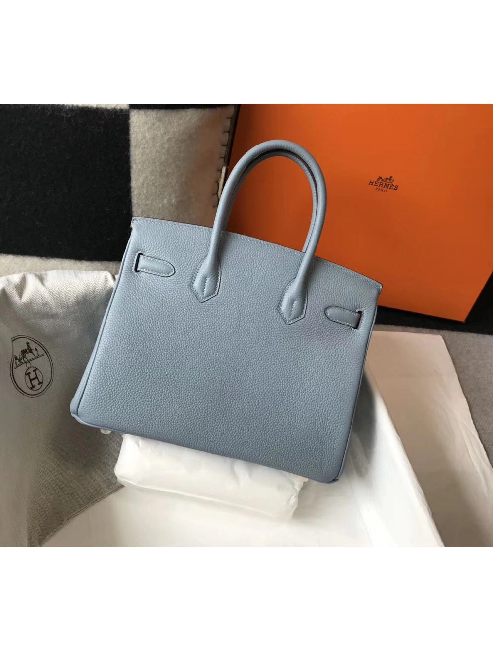 Hermes Birkin 30cm Bag In Blue Lin Clemence Leather GHW