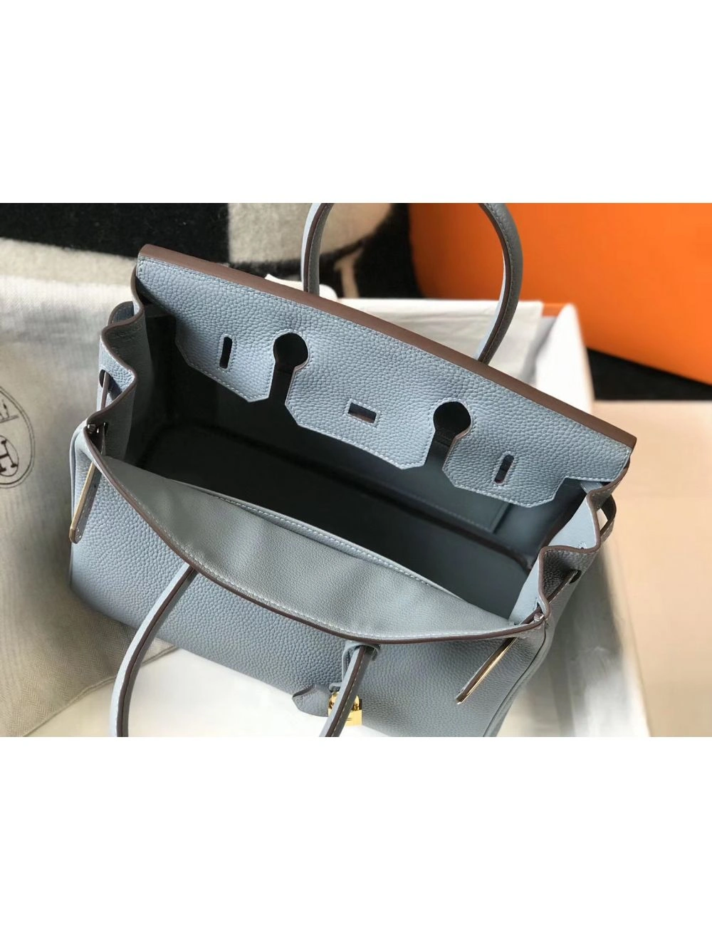 Hermes Birkin 30cm Bag In Blue Lin Clemence Leather GHW